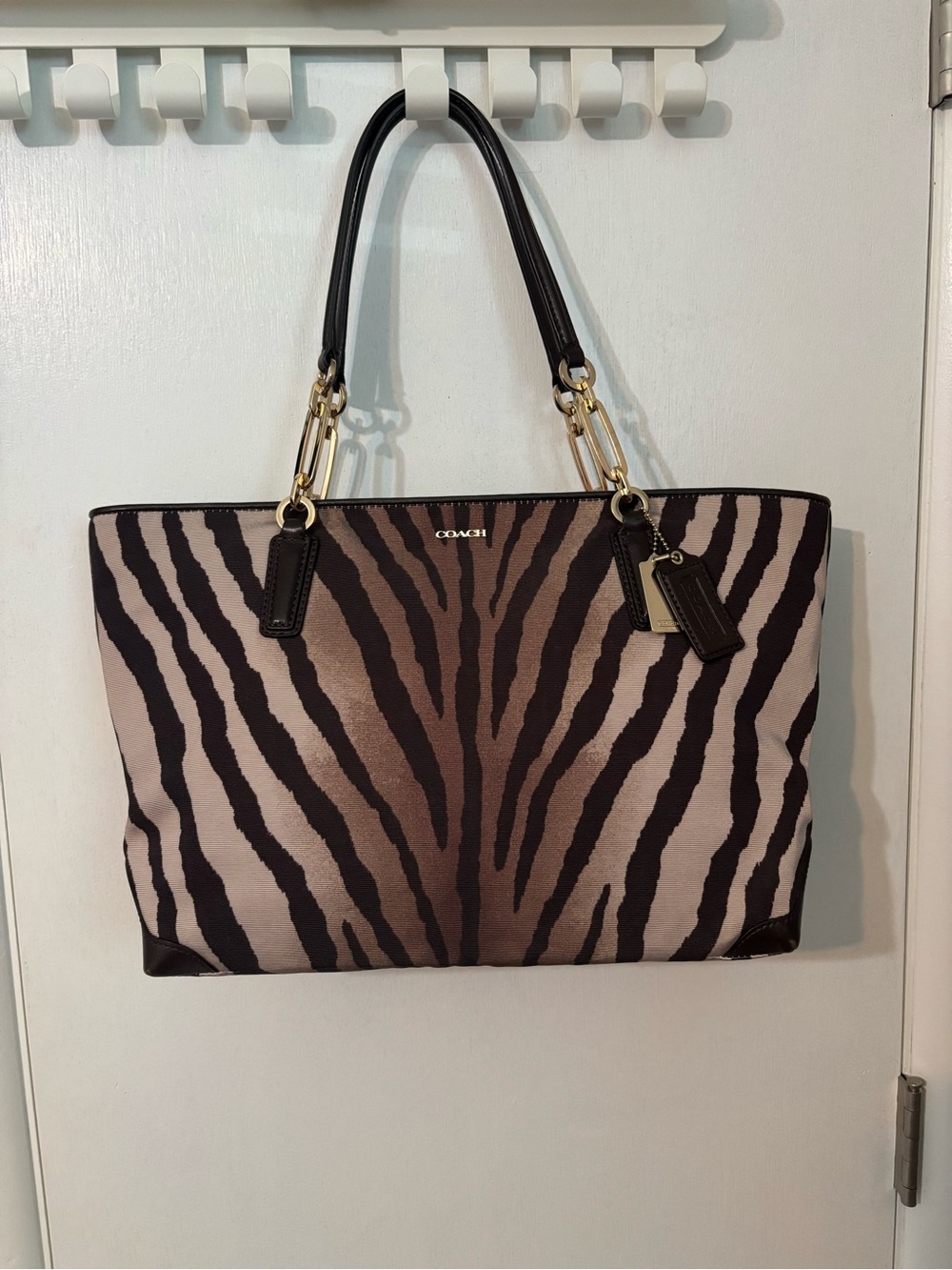COACH Madison East/West Tote in Zebra Print Fabric Brown/Tan Style 26881